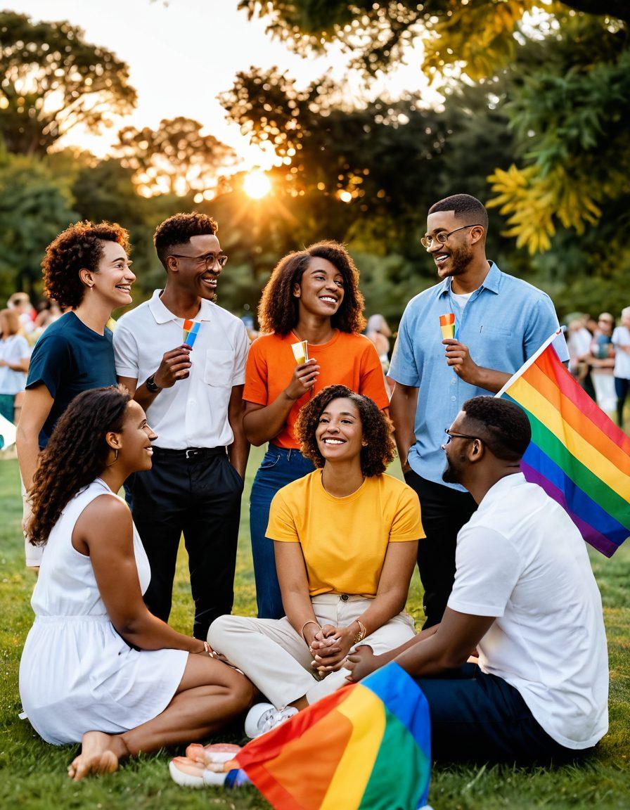 A diverse group of individuals representing different backgrounds, including couples and friends, engaging in a heartfelt conversation in a park, surrounded by symbols of pride such as rainbow flags and flowers. The setting captures a warm sunset with vibrant colors illuminating their expressions of joy and authenticity. Emphasize a sense of camaraderie and openness in the atmosphere. super-realistic. vibrant colors. warm lighting.