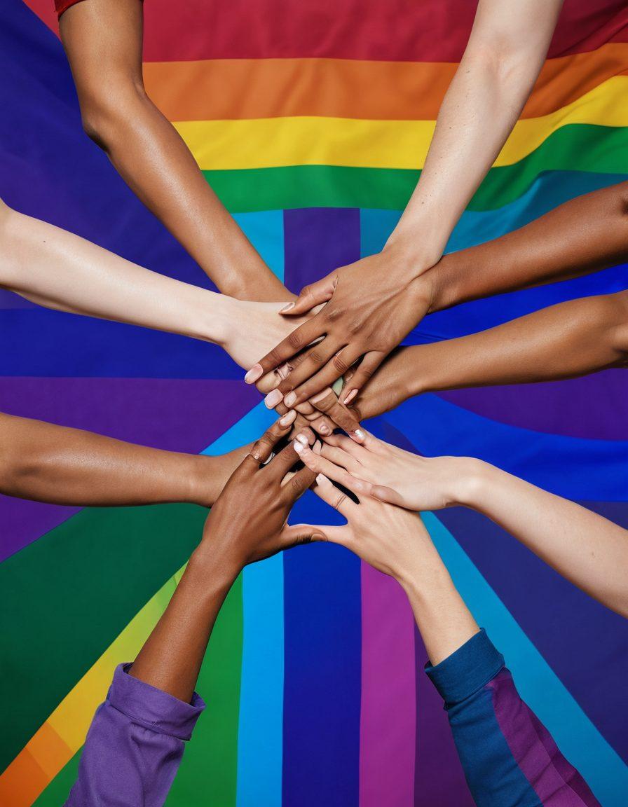 A diverse group of individuals sharing their experiences, intertwined with vibrant rainbow colors symbolizing the spectrum of sexuality. Set against a backdrop of an artistic representation of the bisexual pride flag, they are in a cozy environment, conveying warmth and acceptance. Include elements like heartfelt expressions, intertwined hands, and symbols of love and community. Illustrate a sense of empowerment and connection among them. super-realistic. vibrant colors. expressive.
