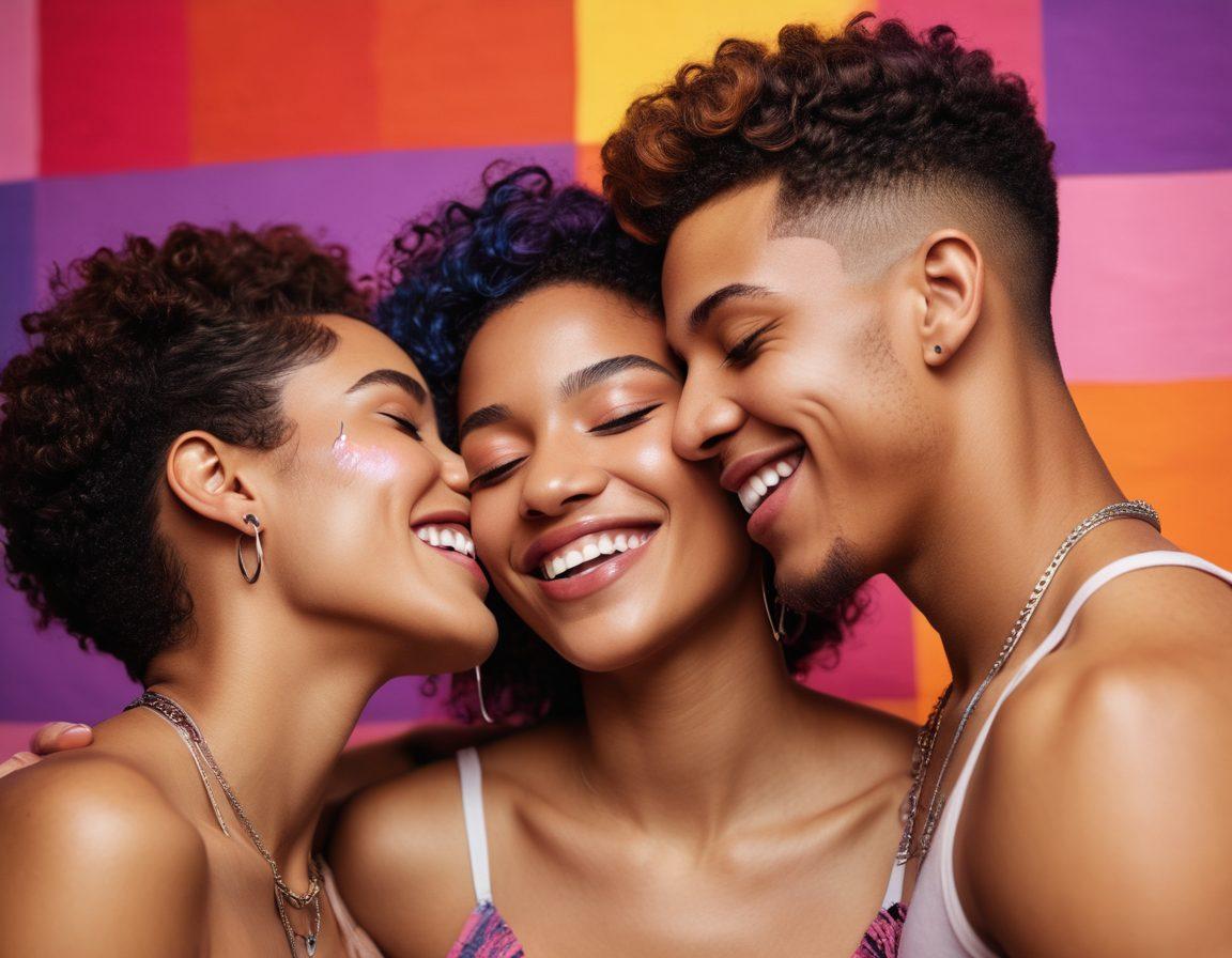A powerful and expressive image of diverse individuals representing bisexual identity, creating a vibrant tapestry of love and connection. The scene captures intimate moments of laughter and support among friends of different ethnicities and genders, with symbols of bisexual pride subtly integrated into the background. Use a warm, inviting color palette to evoke emotions of inclusivity and acceptance. Examples of heartfelt messages or raw narratives can be artistically displayed around them. super-realistic. vibrant colors. intimate setting.